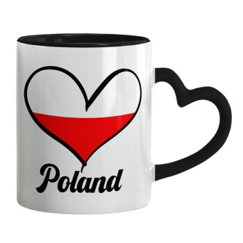 Poland flag, Κούπα καρδιά χερούλι μαύρη, κεραμική, 330ml