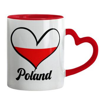 Poland flag, Κούπα καρδιά χερούλι κόκκινη, κεραμική, 330ml