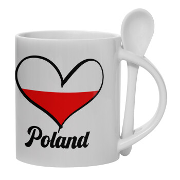 Poland flag, Ceramic coffee mug with Spoon, 330ml (1pcs)