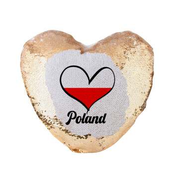 Poland flag, Μαξιλάρι καναπέ καρδιά Μαγικό Χρυσό με πούλιες 40x40cm περιέχεται το  γέμισμα