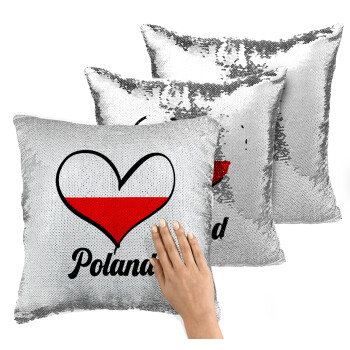 Poland flag, Μαξιλάρι καναπέ Μαγικό Ασημένιο με πούλιες 40x40cm περιέχεται το γέμισμα
