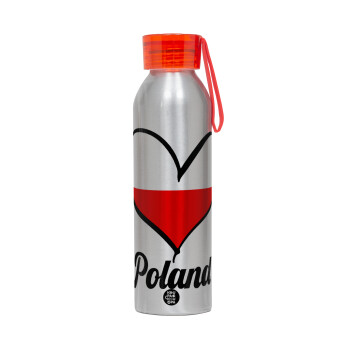 Poland flag, Αλουμινένιο Αθλητικό Μπουκάλι 650ml – Ασημί με Κόκκινο Καπάκι και Λουράκι Σιλικόνης