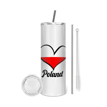 Poland flag, Tumbler ποτήρι θερμό από ανοξείδωτο ατσάλι 600ml, με μεταλλικό καλαμάκι & βούρτσα καθαρισμού