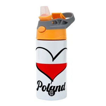 Poland flag, Παιδικό παγούρι θερμό, ανοξείδωτο, με καλαμάκι ασφαλείας, Πορτοκαλί/Γκρι (360ml) BPA-FREE