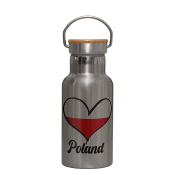 Poland flag, Stainless steel metallic thermos flask, silver with a bamboo lid, double-walled, 350ml.