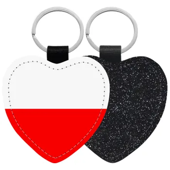 Poland flag, Μπρελόκ PU δερμάτινο glitter καρδιά ΜΑΥΡΟ