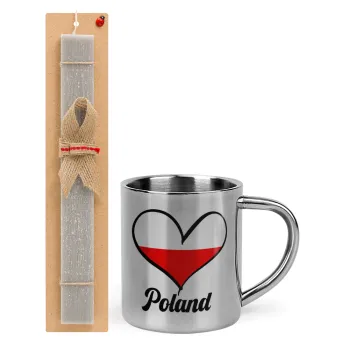 Poland flag, Πασχαλινή Λαμπάδα με μεταλλική κούπα θερμό (300ml) & κερί αρωματικό πλακέ (30cm) (ΓΚΡΙ)