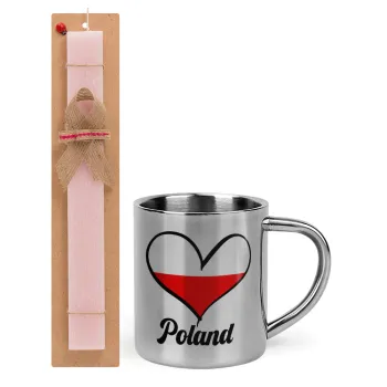 Poland flag, Easter Set, metallic thermal cup (300ml) & aromatic flat Easter candle (30cm) (PINK)