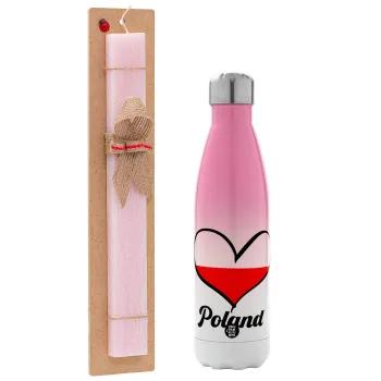 Poland flag, Easter Set, Metallic pink/white (Stainless steel) thermos, double-walled, 500ml & aromatic flat Easter candle (30cm) (PINK)