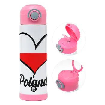 Poland flag, Παιδικό παγούρι θερμό, ανοξείδωτο, με καλαμάκι ασφαλείας, ΡΟΖ (500ml)