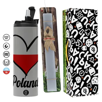 Poland flag, Πασχαλινή Λαμπάδα με Travel Tumbler θερμό (600ml, BPA free) & κερί αρωματικό πλακέ (30cm) (ΓΚΡΙ)