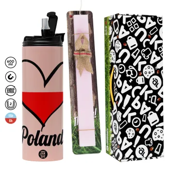 Poland flag, Πασχαλινή Λαμπάδα με  ΡΟΖ Travel Tumbler θερμό (600ml, BPA free) & κερί αρωματικό πλακέ (30cm) (ΡΟΖ)