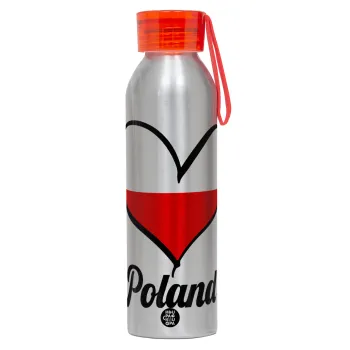 Poland flag, Αλουμινένιο Αθλητικό Μπουκάλι 650ml – Ασημί με Κόκκινο Καπάκι και Λουράκι Σιλικόνης