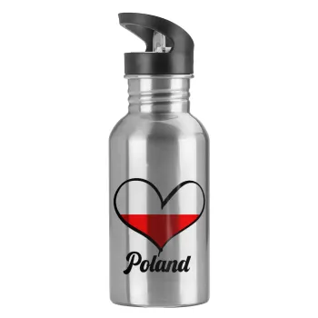 Poland flag, Water bottle Silver with straw, stainless steel 600ml