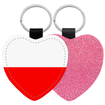 Poland flag, Μπρελόκ PU δερμάτινο glitter καρδιά ΡΟΖ