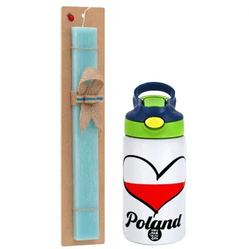 Poland flag, Easter Set, Children's thermal stainless steel bottle with safety straw, green/blue (350ml) & aromatic flat Easter candle (30cm) (TURQUOISE)