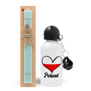 Poland flag, Easter Set, metallic aluminum water bottle (500ml) & scented flat candle (30cm) (TURQUOISE)