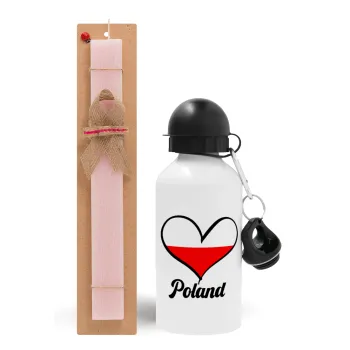 Poland flag, Easter Set, metallic aluminum bottle (500ml) & aromatic flat Easter candle (30cm) (PINK)