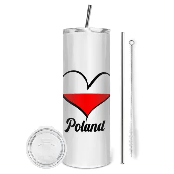 Poland flag, Tumbler ποτήρι θερμό από ανοξείδωτο ατσάλι 600ml, με μεταλλικό καλαμάκι & βούρτσα καθαρισμού