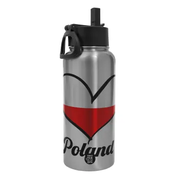 Poland flag, Metal mug thermo Silver with Straw and Spout Lid (Stainless steel), double wall, 950ml