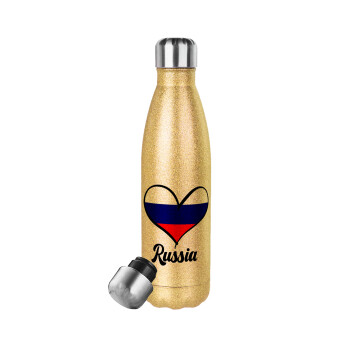 Russia flag, Μεταλλικό παγούρι θερμός Glitter χρυσό (Stainless steel), διπλού τοιχώματος, 500ml