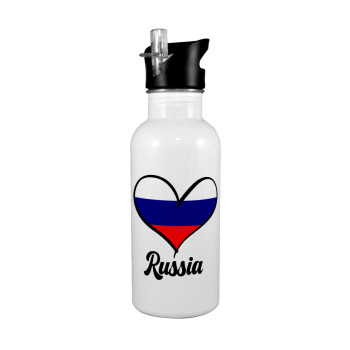 Russia flag, Παγούρι νερού Λευκό με καλαμάκι, ανοξείδωτο ατσάλι 600ml