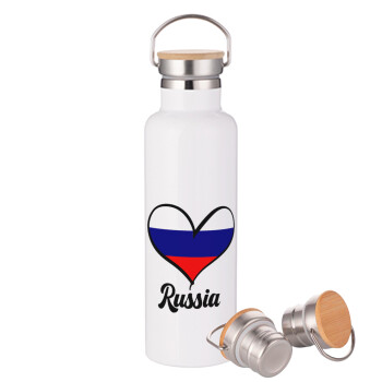 Russia flag, Stainless steel White with wooden lid (bamboo), double wall, 750ml