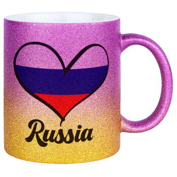 Russia flag, Κούπα Χρυσή/Ροζ Glitter, κεραμική, 330ml