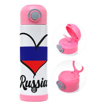 Russia flag, Children's hot water bottle, stainless steel, with safety straw, PINK (500ml)