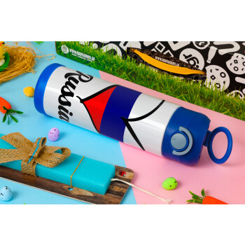 Russia flag, Easter candle, Childrens hot water bottle, stainless steel, with safety straw, BLUE (500ml)