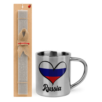 Russia flag, Easter Set, metallic thermal cup (300ml) & Easter aromatic flat candle (30cm) (GRAY)