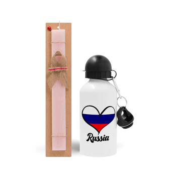 Russia flag, Easter Set, metallic aluminum bottle (500ml) & aromatic flat Easter candle (30cm) (PINK)