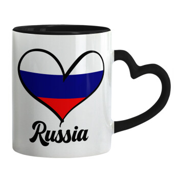 Russia flag, Κούπα καρδιά χερούλι μαύρη, κεραμική, 330ml