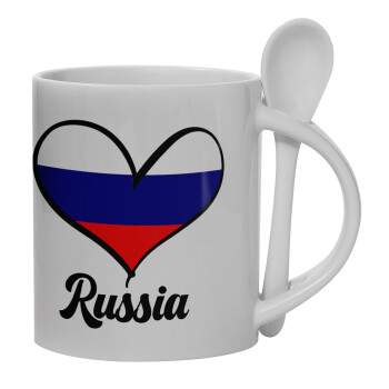 Russia flag, Ceramic coffee mug with Spoon, 330ml (1pcs)