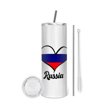 Russia flag, Tumbler stainless steel 600ml, with metal straw & cleaning brush