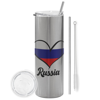 Russia flag, Eco friendly ποτήρι θερμό Ασημένιο (tumbler) από ανοξείδωτο ατσάλι 600ml, με μεταλλικό καλαμάκι & βούρτσα καθαρισμού
