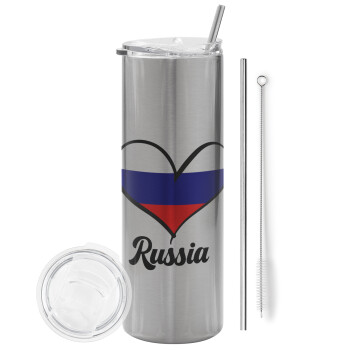 Russia flag, Tumbler stainless steel Silver 600ml, with metal straw & cleaning brush