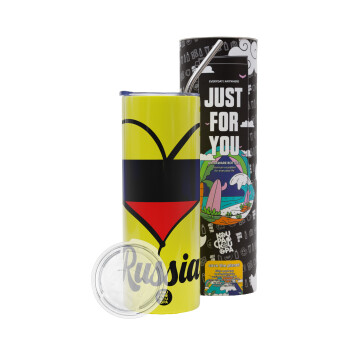 Russia flag, Neon Yellow Travel Tumbler, with metal straw (Stainless steel 304 Food grade, BPA free, 600ml)