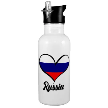 Russia flag, Παγούρι νερού Λευκό με καλαμάκι, ανοξείδωτο ατσάλι 600ml
