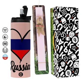 Russia flag, Πασχαλινή Λαμπάδα με  ΡΟΖ Travel Tumbler θερμό (600ml, BPA free) & κερί αρωματικό πλακέ (30cm) (ΡΟΖ)