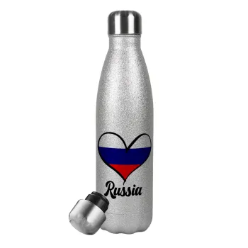 Russia flag, Μεταλλικό παγούρι θερμός Glitter Aσημένιο (Stainless steel), διπλού τοιχώματος, 500ml
