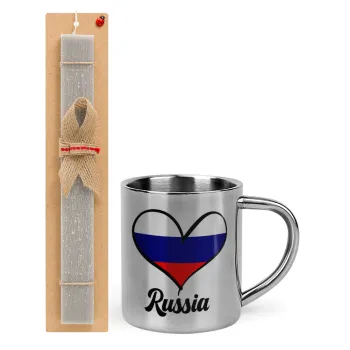 Russia flag, Πασχαλινή Λαμπάδα με μεταλλική κούπα θερμό (300ml) & κερί αρωματικό πλακέ (30cm) (ΓΚΡΙ)