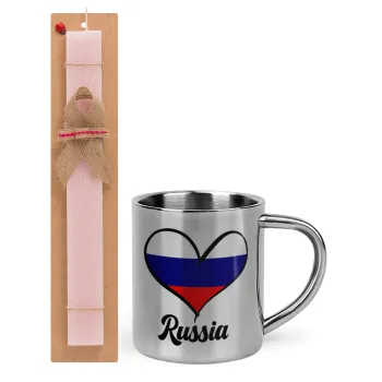 Russia flag, Easter Set, metallic thermal cup (300ml) & aromatic flat Easter candle (30cm) (PINK)