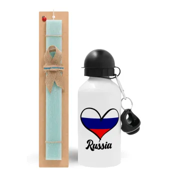 Russia flag, Easter Set, metallic aluminum water bottle (500ml) & scented flat candle (30cm) (TURQUOISE)