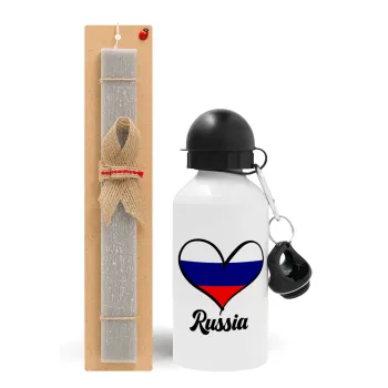 Russia flag, Easter Set, metallic aluminum water bottle (500ml) & aromatic flat Easter candle (30cm) (GRAY)