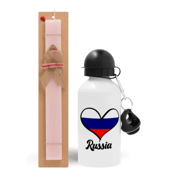 Russia flag, Easter Set, metallic aluminum bottle (500ml) & aromatic flat Easter candle (30cm) (PINK)