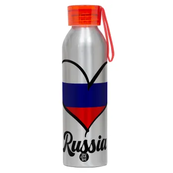 Russia flag, Αλουμινένιο Αθλητικό Μπουκάλι 650ml – Ασημί με Κόκκινο Καπάκι και Λουράκι Σιλικόνης