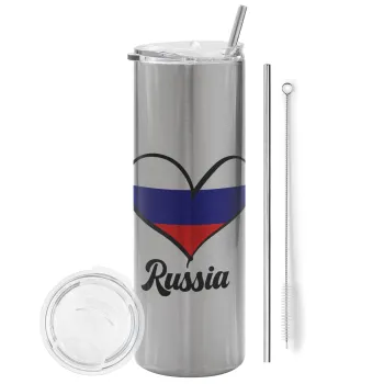 Russia flag, Tumbler ποτήρι θερμό Ασημένιο από ανοξείδωτο ατσάλι 600ml, με μεταλλικό καλαμάκι & βούρτσα καθαρισμού