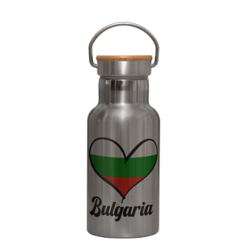 Bulgaria flag, Stainless steel metallic thermos flask, silver with a bamboo lid, double-walled, 350ml.