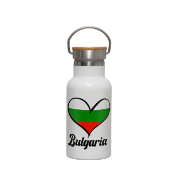 Bulgaria flag, Μεταλλικό παγούρι θερμός (Stainless steel) Λευκό με ξύλινο καπακι (bamboo), διπλού τοιχώματος, 350ml